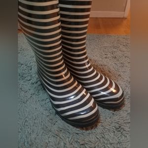 Rain boots, black and white stripped, size 10
